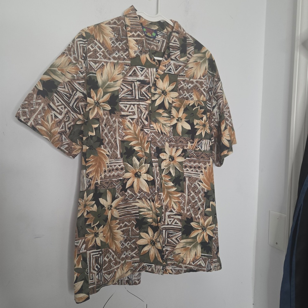 Hawaii Blues Mens XL Brown Green Floral Tribal Print Short Sleeve Hawaiian Shirt
